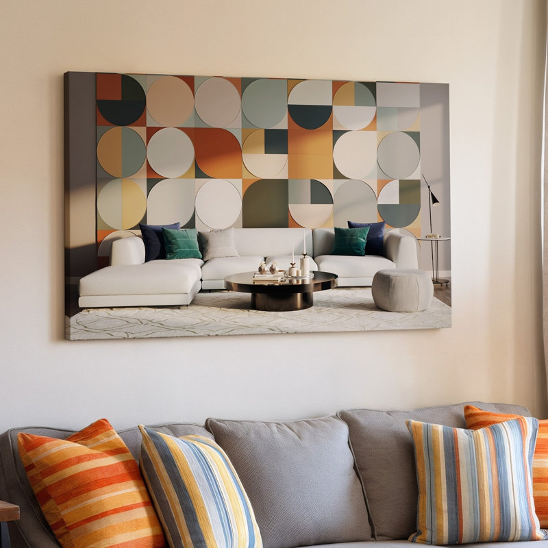 Toile, un salon moderne avec une murale géométrique saisissante avec des cercles superposés et des formes rectangulaires dans des teintes d'art mural
