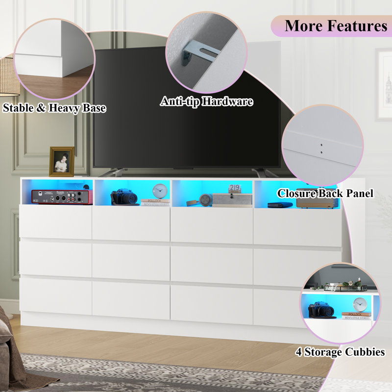 White 12-Drawer Dresser with Charging Station and LED Lights