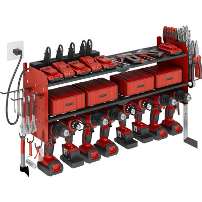 Power Tool Organizer with Charging Station Garage 8 Drill Holders Wall Mount with 8 Outlets
