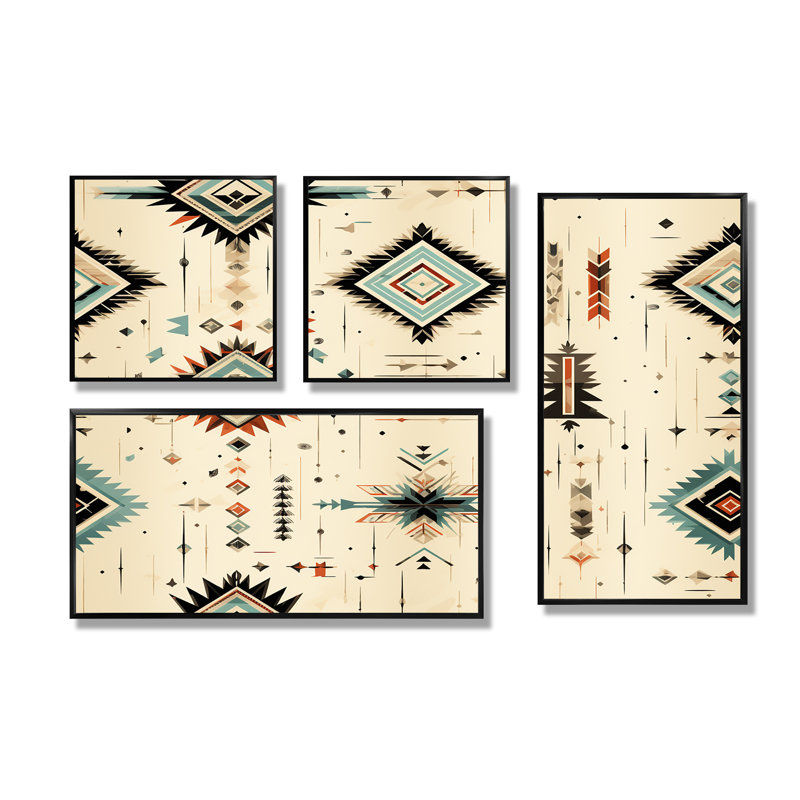 Motif tribal nomade bohème géométrique abstrait 4 pièces, Noir, Impression encadrée sans passe-partout