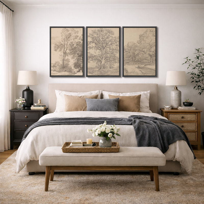Rustic Countryside "Vintage Sketch Forest Tree Landscape Artwork, French Country Neutral Classic Wall Pictures, Framed Canvas Giclée Print 3 Pieces Wall Art" 16"x24"x3 pcs, 24"x36"x3 pcs