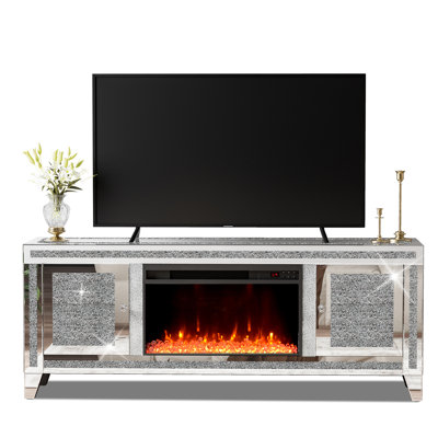 Mirrored Fireplace TV Stand For 65" TV, Silver TV Console Table With Crushed Diamond And LED For Living Room