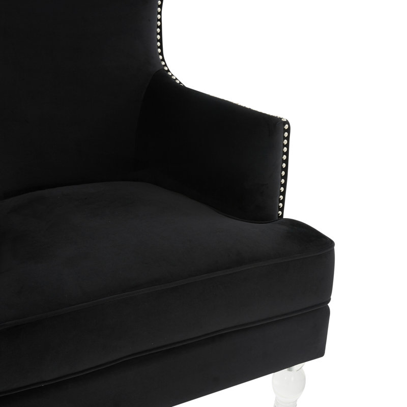 Fauteuil à oreilles en velours Bree d'une largeur de 73,914 cm, Velours noir