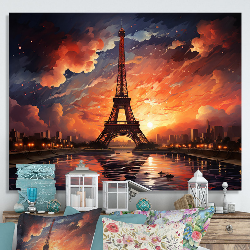 «Majestic Sunset by The Eiffel Tower In Paris», reproduction sur toile, H 24 po x l 32 po x P 1 po, Toile tendue