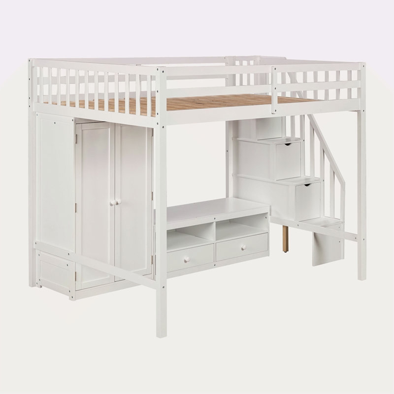 Structure de lit double pleine grandeur avec garde-robe, table de rangement basse et escalier de rangement