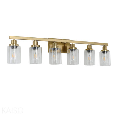 Éclairage pour meuble-lavabo à 6 lumières de 37 po avec abat-jour en verre transparent 37 po, fixation murale moderne en fer et métal pour miroir, idéale pour la salle de bain et la coiffeuse (sans ampoules)