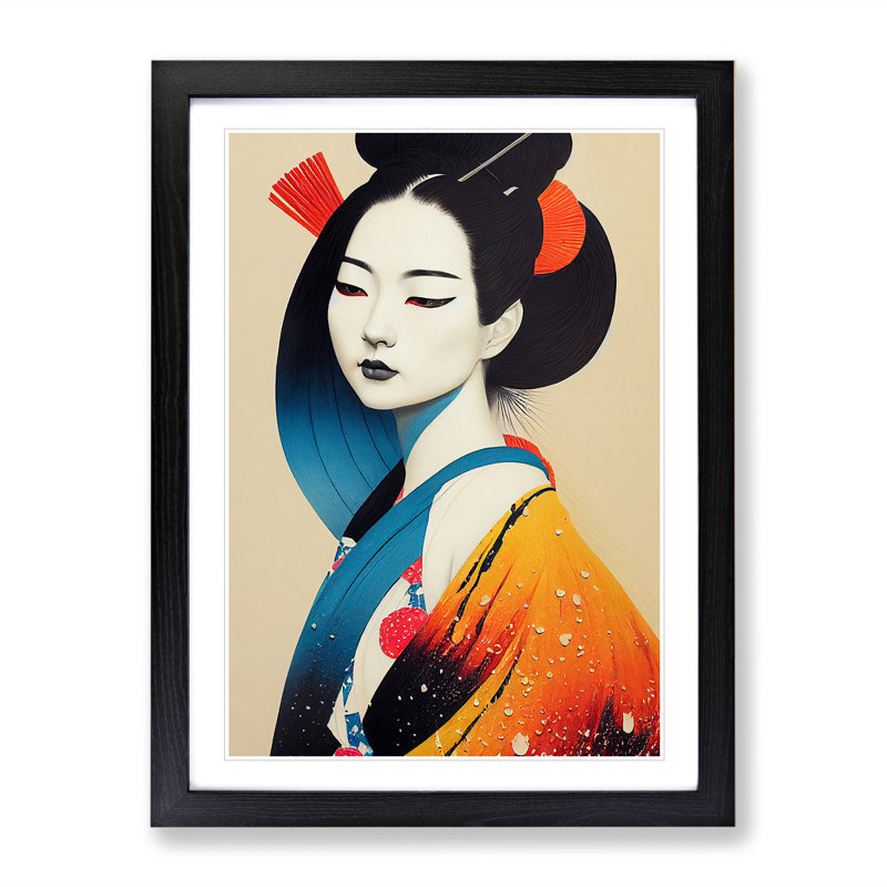 Colourful Geisha No.2 - Single Picture Frame Painting, 64cm H x 46cm W x 2cm D, Black
