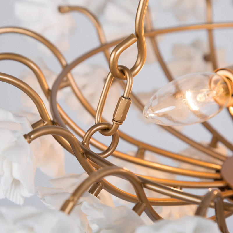 Modern Glam 3-Light Bowl Chandelier With Ceramic Flowers
