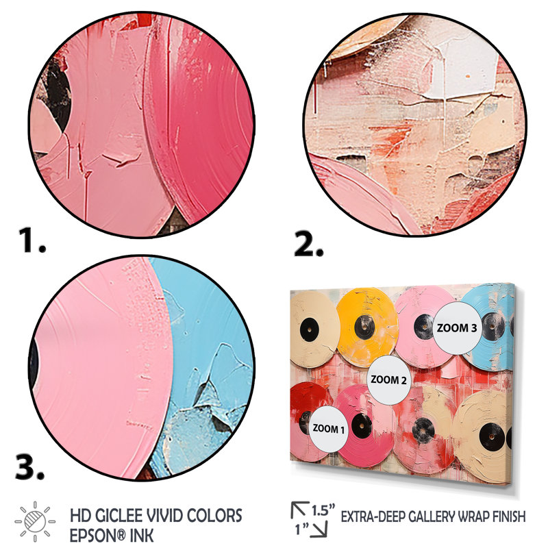 Disque vinyle rose I - Vinyle, art mural pour le salon, Cadre doré à coins fermés, H 34 po x l 44 po x P 1,5 po