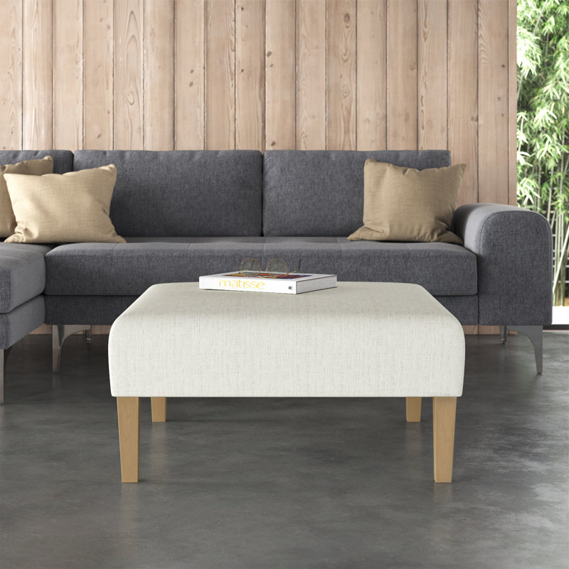 Transitional Square Cream Woven Ottoman Coffee Table with Natural Wood Legs