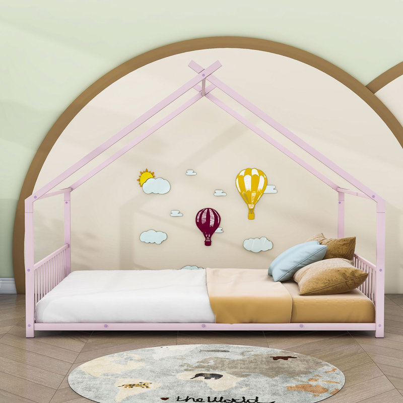 Metal House Bed, Full, Pink