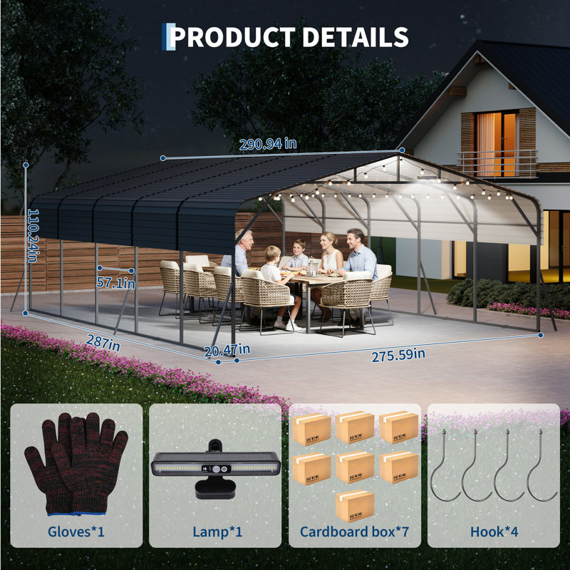 20' x 25' Metal Carport with LED Lights, Heavy-Duty Outdoor Car Shelter with Reinforced Base & Galvanized Steel Roof, Multi-Vehicle Canopy for Trucks, Boats & SUVs
