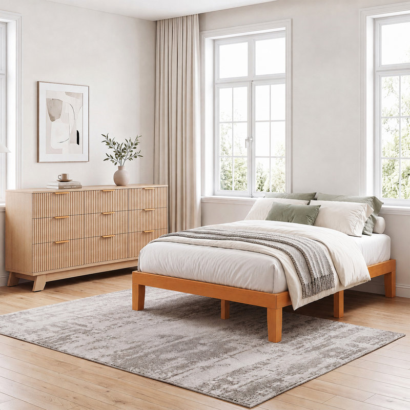 Lit plateforme en bois massif avec commode cannelée de 6/8/9 tiroirs en bois, 14", Lit double, 9