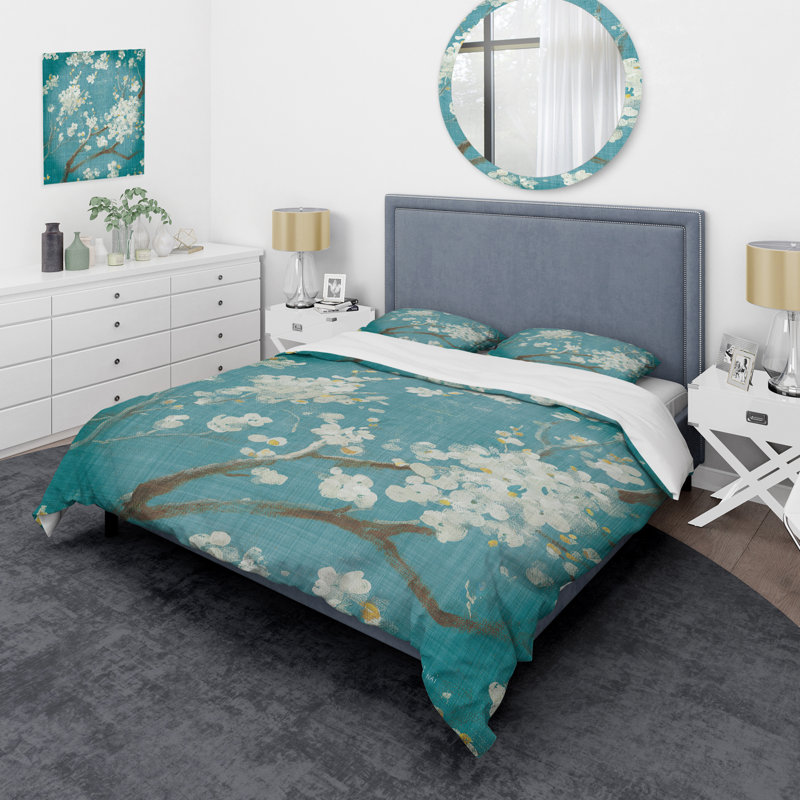 Cherry Blossoms II Duvet Cover Set, King Duvet Cover + 2 Shams