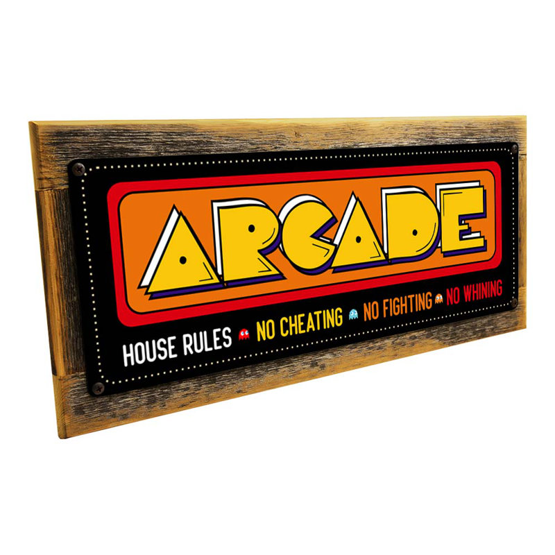 Retro Arcade - Art textuel sur métal sans cadre, Cadre brun, H 13 po x l 32,5 po x P 0,75 po
