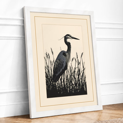 Heron Among Grasses Japandi - Framed Print