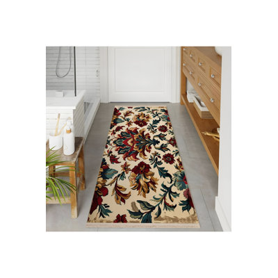 MOSSO Cream Floral Washable Woven Backing Area Rug