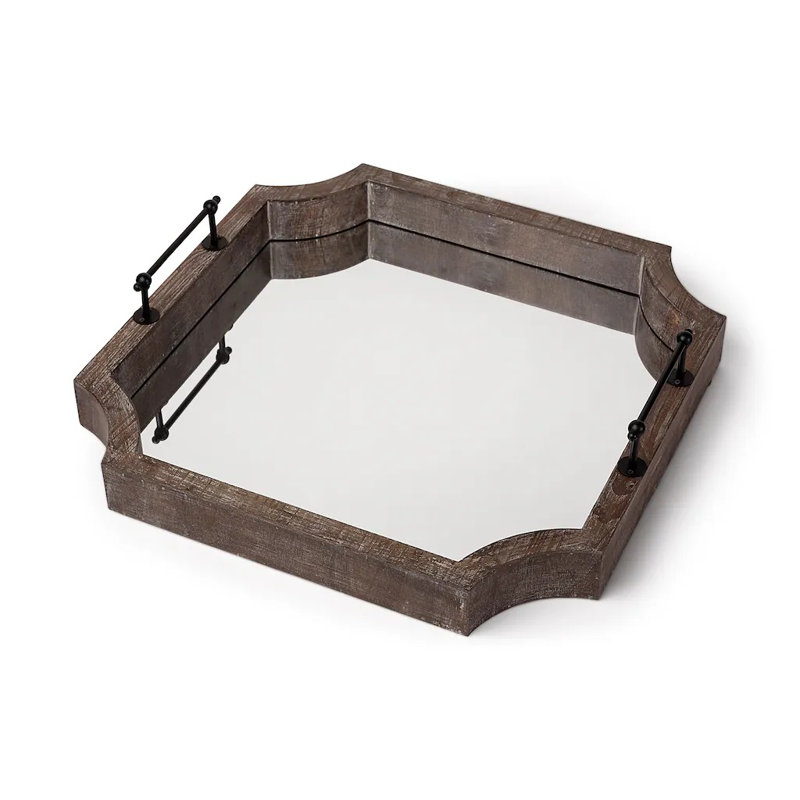 Hornbeck 23" Brown Hexagonal Wood and Mirrored Glass Serving Tray With Handles