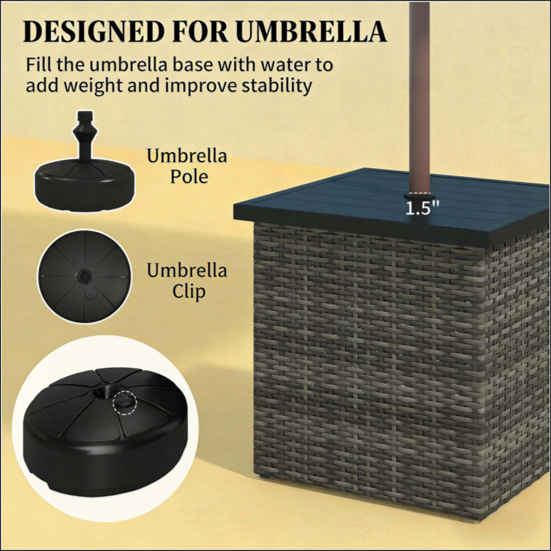 Square Outdoor End Table,Wicker Side Table With Umbrella Hole, Gray