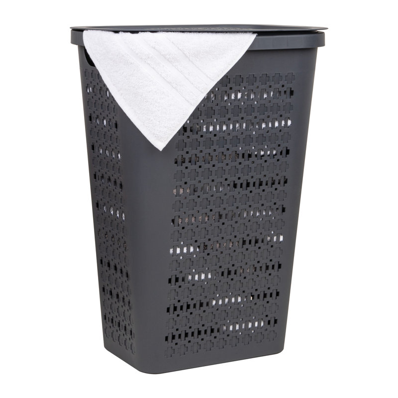  Panier à linge mince et effilé avec couvercle, panier à linge avec découpes en croix, léger et ventilé, plastique, gris