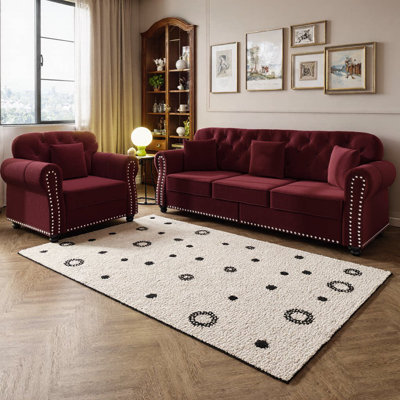Ensemble de canapé rembourré en velours 3 places et une place avec repose-pieds, style chesterfield moderne de style Mid-Century, capitonné avec garniture cloutée et accoudoirs roulés
