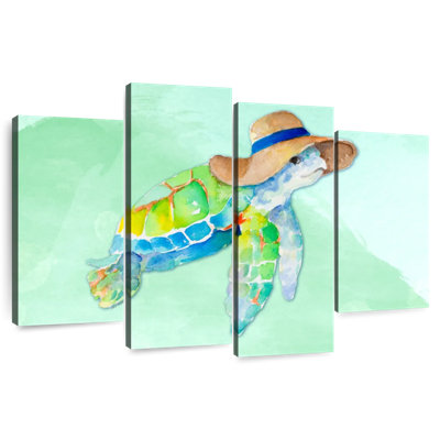 Tortue Brampt avec un chapeau sur fond bleu aquarelle