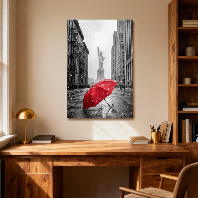 Parasol rouge de la Saint-Valentin dans la rue Rainy City avec statue, H 24 po x l 16 po