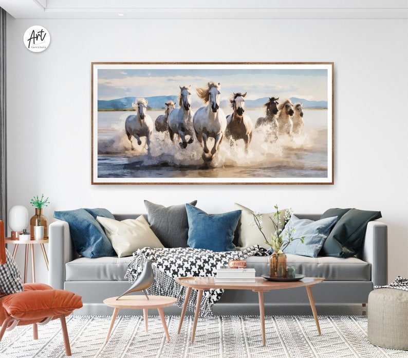 Impression horizontale de chevaux aquarelle, décor de ferme, art mural très grand, toile, H 16 po x l 32 po