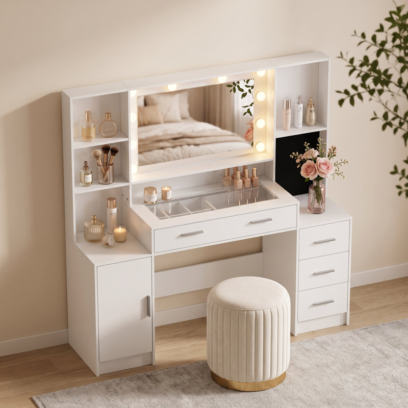 Vanity Desk with Mirror and Lights, Makeup Desk with Jewelry Organizer, Makeup Vanity with Glass Top, Dressing Table with Drawers and Shelves for Bedroom, White, 140 cm(W)× 137.9 cm(H)