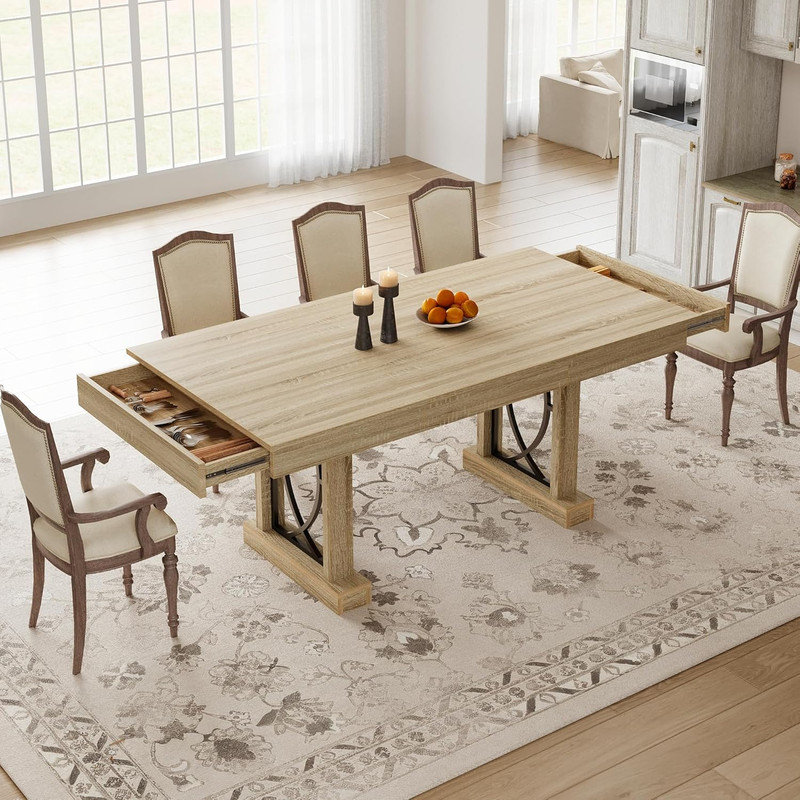 Table de salle à manger 71 "pour 6-8 avec 2 tiroirs - Double caisson en bois, structure robuste pour la cuisine ou le bureau