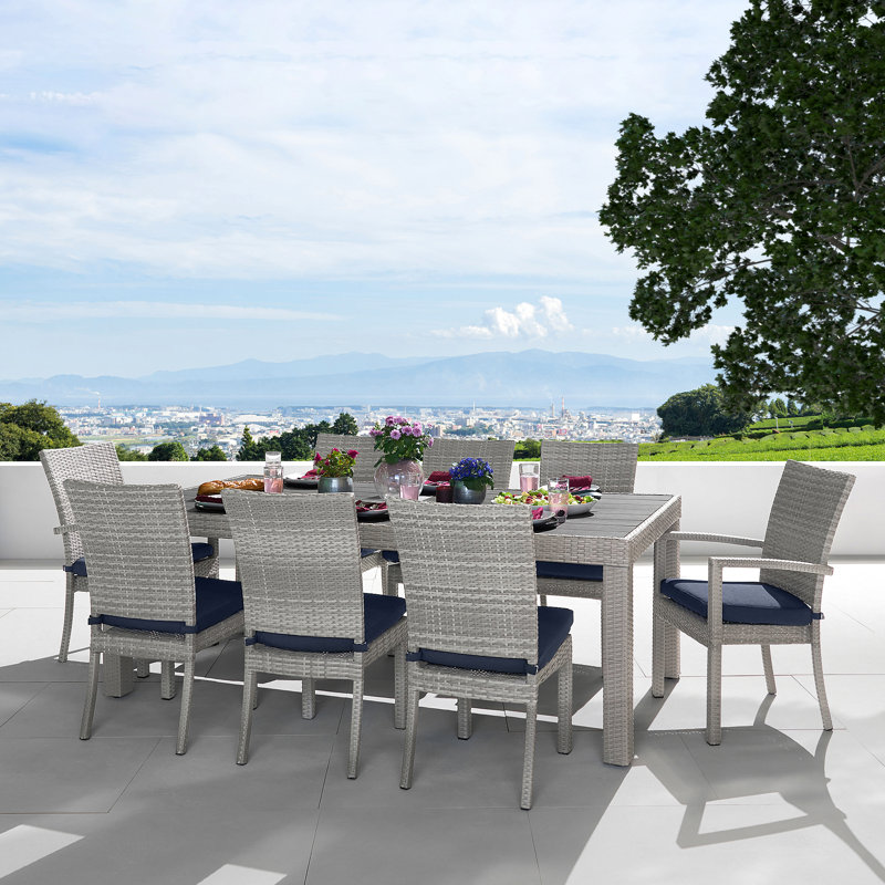 Cannes 9 Piece Dining Set with Cushions, Gray Frame/Navy Twill Cushion