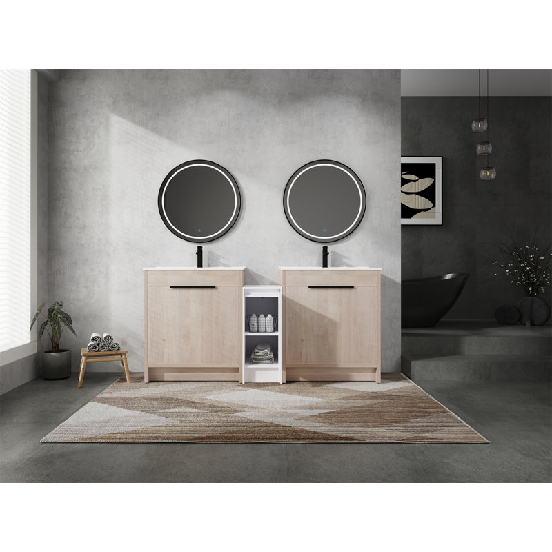 Meuble-lavabo autoportant avec lavabo en céramique et armoires de rangement, Blanc brillant / chêne clair clair, 72", Blanc
