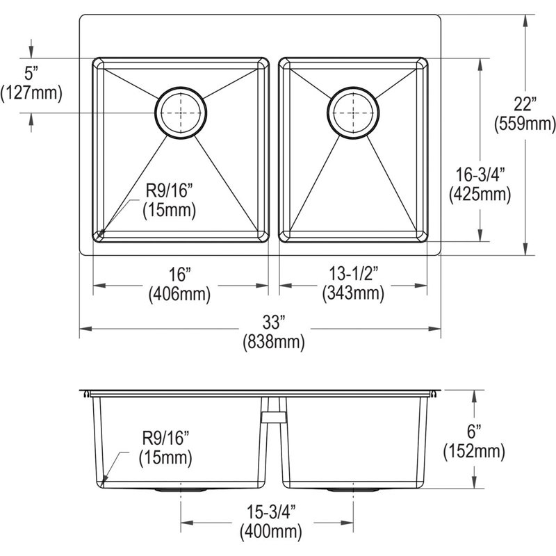 Évier de cuisine encastré à double bassin 33 x 22 Crosstown™, 2 trous