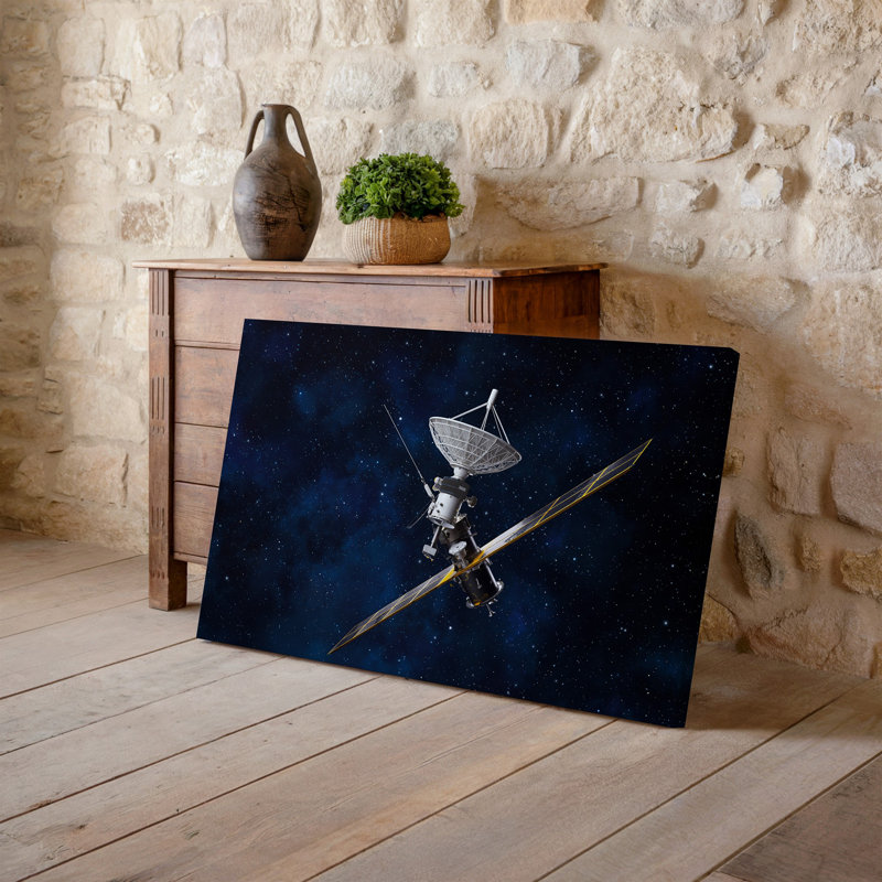 Toile, un vaisseau spatial détaillé ressemblant à une sonde de l'espace profond flotte majestueusement, art mural sur fond noir