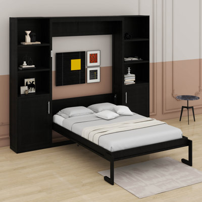 Farmhouse Murphy Bed With Storage Shelves And Cabinets, Wood Foldable Hidden Vertical Murphy Wall Bed