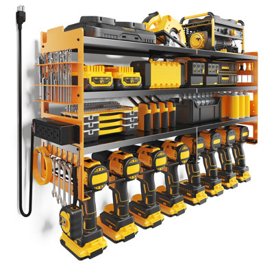 Power Tool Organizer with 4-Outlet Power Strip, Wall Mount Utility Racks with Charging Station, Tool Rack for Garage, Warehouse, 4-Tier, (Yellow)