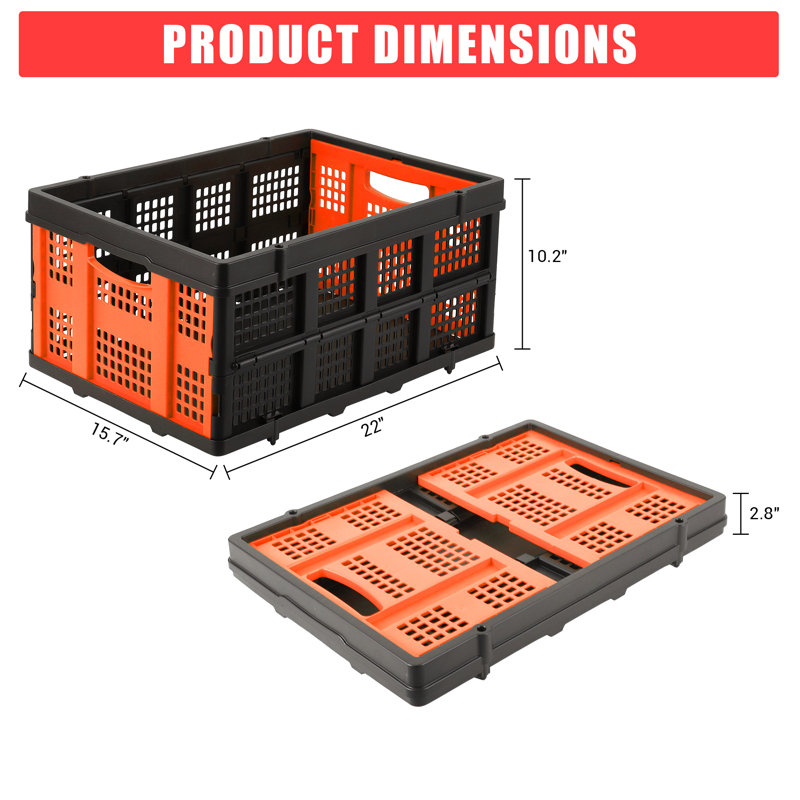 Collapsible Crate, 55L Foldable Plastic Milk Crate with Side Handles, Stackable Containers Storage Baskets, Orange
