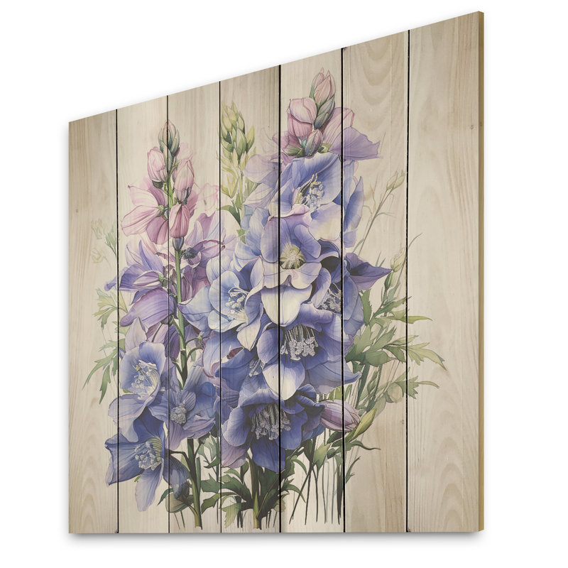 Blue And Purple Delphinium Flower Bouquet III - Delphinium On Wood Print, 30" H x 30" W