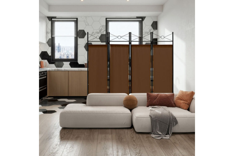Four panel room divider separating a kitchen and living room.