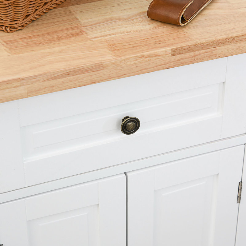 Kitchen Island On Wheels With Rubberwood Top, Spice Rack, Towel Rack, And Drawers For Efficient Storage And Mobility, White