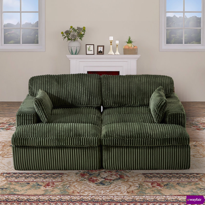 Brinae 41.34"W Fully Compressed Deep Seat Corduroy Sectional, Chaise Lounge, Green Corduroy