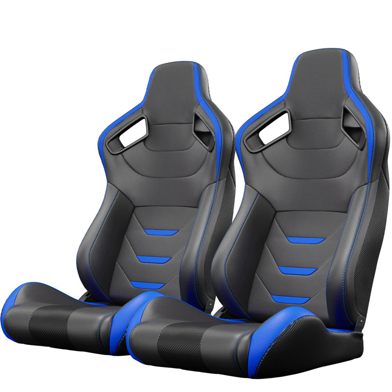 2PC Universal Bucket Racing Seats Blue Stitch Blue PVC Leather Reclinable Carbon Look Leather Back With Adjustor Slider(Not Including Seat Bracket ) 1 Box Of 2 Pieces