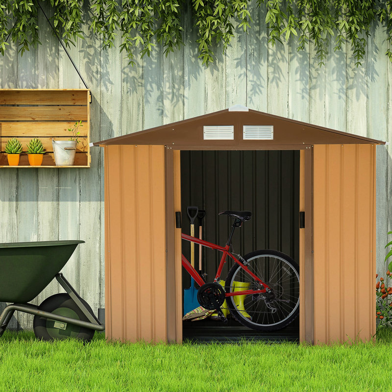 Remise extérieure 7 pi x 4 pi, acier galvanisé, 4 évents, 2 portes coulissantes, spacieuse pour la cour arrière, garage, pelouse, outils de jardin, unité de rangement jaune, 4 pi, entretien de la pelouse,