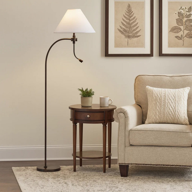 Ashy 68 Inch Floor Lamp, Gooseneck LED, White Shade, Arc Pole, Bronze