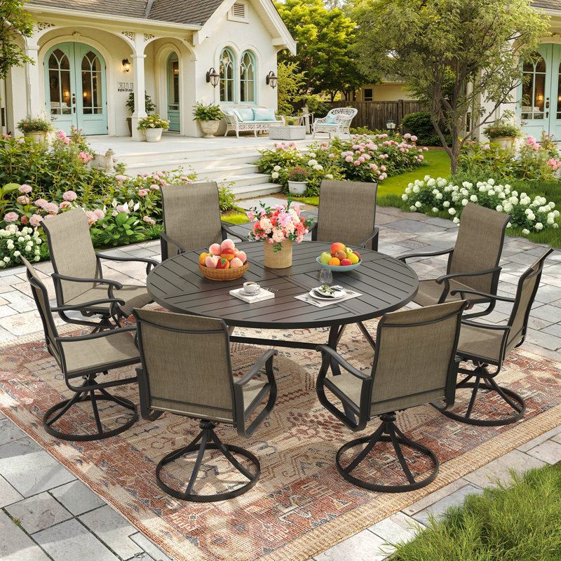 8-Person Outdoor Patio Dining Set With Swivel Armchair, Black/Brown
