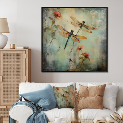 Vintage Painting Of Dragonfly Flying - Framed Wall Art Print On Canvas