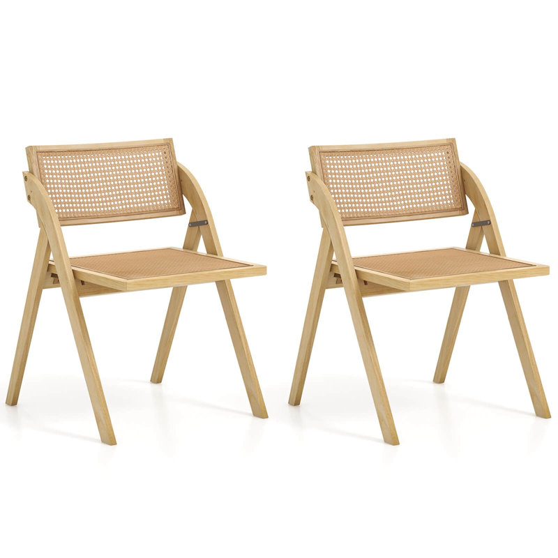 Bayou Breeze Foldable Dining Chairs Set Of 2 With Woven Rattan Backrest & Seat Rubber Wood Frame, Natural