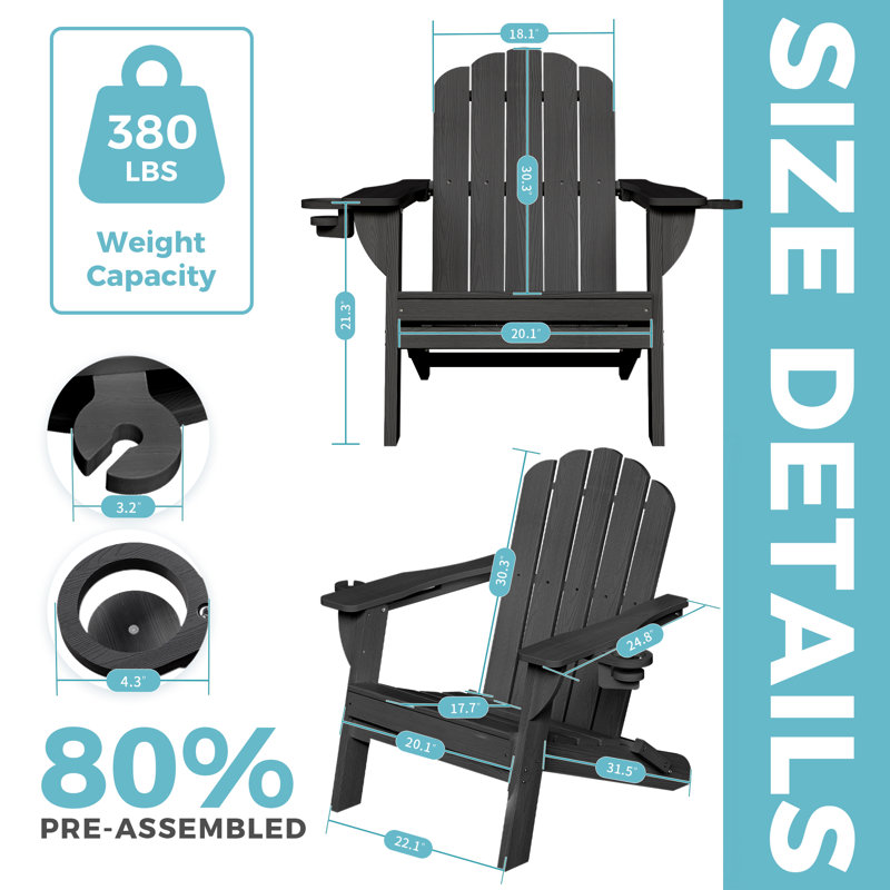 Oversize Foldable Adirondack Chair HDPE Weather-Resistant Firepit Chair With Cup Holder, Black