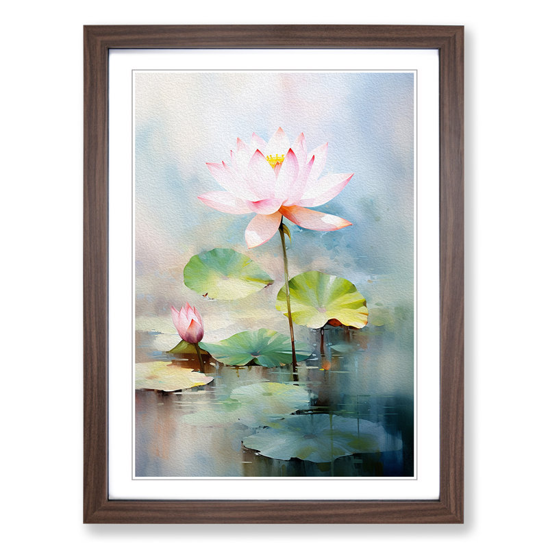 Lotus Flower Impressionism - Single Picture Frame Print on Wood, Walnut Framed, 34cm H x 25cm W x 2cm D