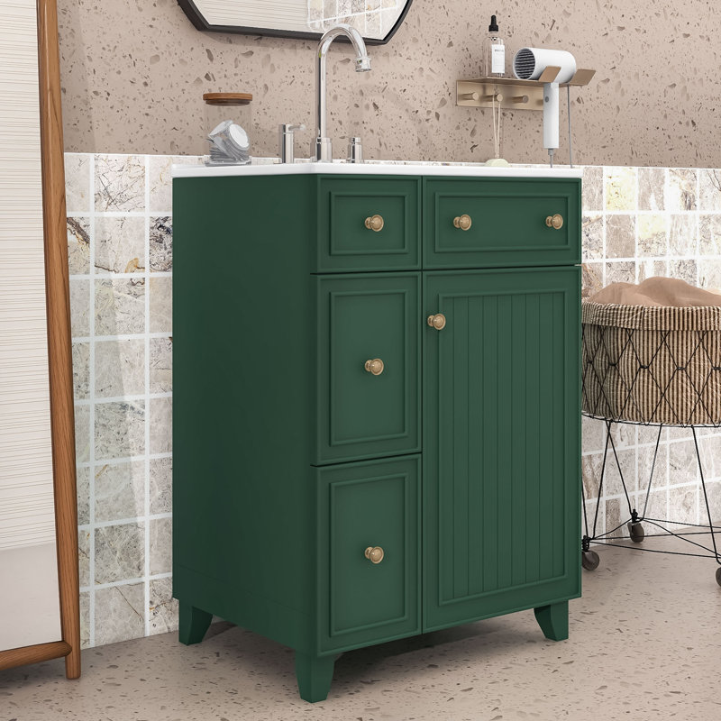 Chic 24-Inch 2 Drawers Bathroom Vanity with Ceramic Sink and Space-Saving Design, Blue, Gold